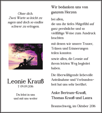 Traueranzeige von Leonie Krauß von Braunschweiger Zeitung