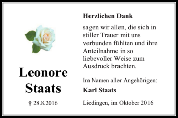Traueranzeige von Leonore Staats von Peiner Nachrichten