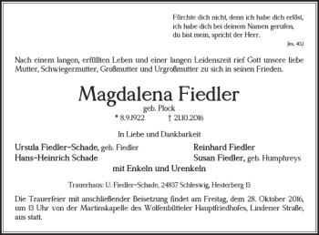 Traueranzeige von Magdalena Fiedler von Wolfenbütteler Zeitung