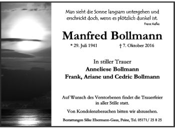 Traueranzeige von Manfred Bollmann von Peiner Nachrichten