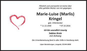 Traueranzeige von Marie-Luise Marlis Kringel von Braunschweiger Zeitung