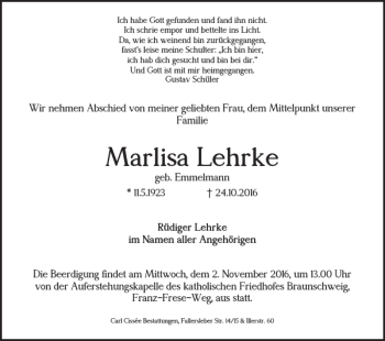 Traueranzeige von Marlisa Lehrke von Braunschweiger Zeitung