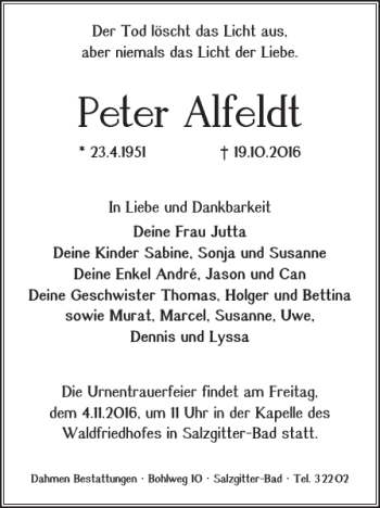 Traueranzeige von Peter Alfeldt von Salzgitter Zeitung