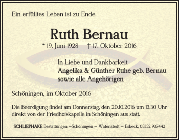 Traueranzeige von Ruth Bernau von Helmstedter Nachrichten