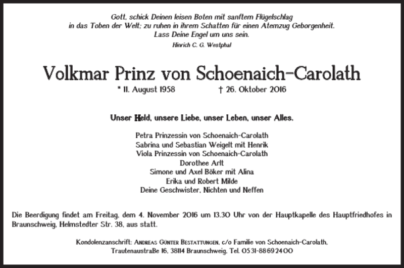  Traueranzeige für Volkmar Prinz Von Schoenaich-Carolath vom 29.10.2016 aus Braunschweiger Zeitung
