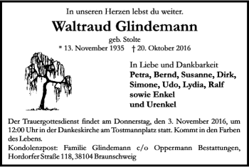 Traueranzeige von Waltraud Glindemann von Braunschweiger Zeitung