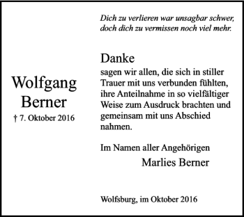 Traueranzeige von Wolfgang Berner von Wolfsburger Nachrichten