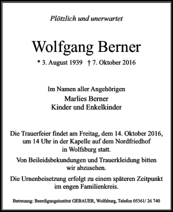 Traueranzeige von Wolfgang Berner von Wolfsburger Nachrichten
