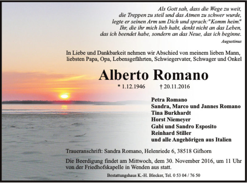  Traueranzeige für Alberto Romano vom 26.11.2016 aus Braunschweiger Zeitung