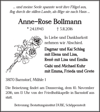 Traueranzeige von Anne-rose Bollmann von Wolfenbütteler Zeitung