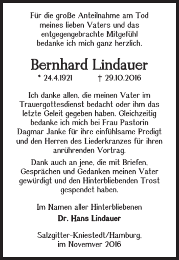 Traueranzeige von Bernhard Lindauer von Salzgitter Zeitung