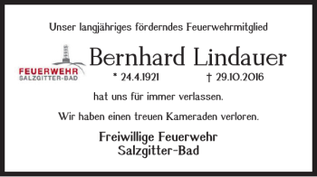 Traueranzeige von Bernhard Lindauer von Salzgitter Zeitung