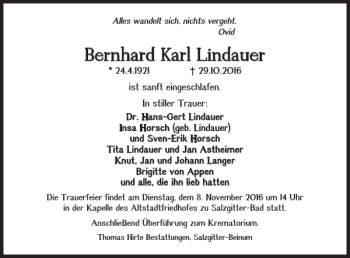 Traueranzeige von Bernhard Karl Lindauer von Salzgitter Zeitung