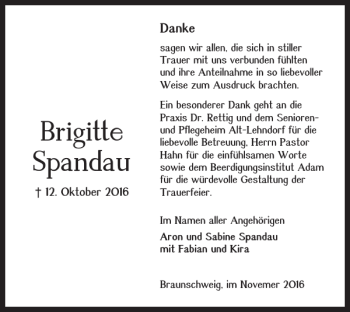 Traueranzeige von Brigitte Spandau von Braunschweiger Zeitung