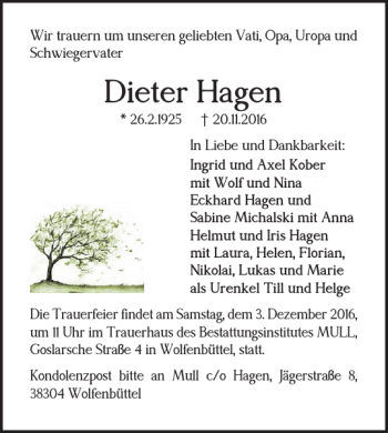 Traueranzeige von Dieter Hagen von Wolfenbütteler Zeitung