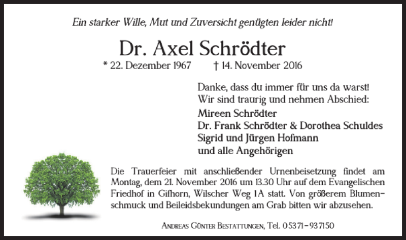  Traueranzeige für Dr. Axel Schrödter vom 17.11.2016 aus Wolfsburger Nachrichten