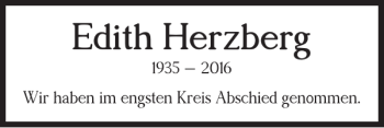 Traueranzeige von Edith Herzberg von Wolfsburger Nachrichten