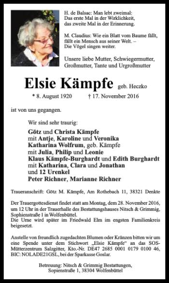 Traueranzeige von Elsie Kämpfe von Wolfenbütteler Zeitung