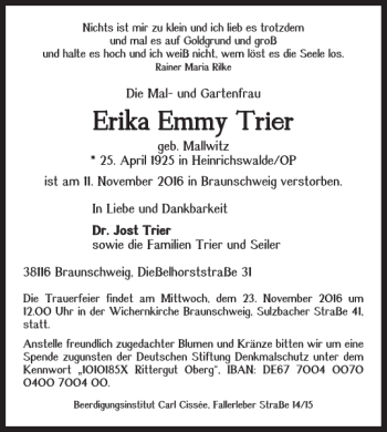 Traueranzeige von Erika Emmy Trier von Braunschweiger Zeitung