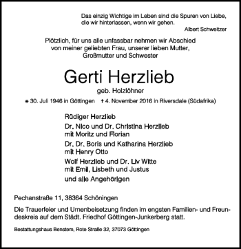 Traueranzeige von Geb. Holzlöhner von Braunschweiger Zeitung