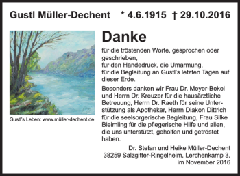 Traueranzeige von Gustl Müller-dechent von Salzgitter Zeitung