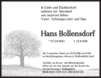 Traueranzeige von Hans Bollensdorf von Wolfenbütteler Zeitung