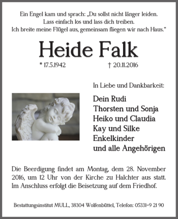 Traueranzeige von Heide Falk von Wolfenbütteler Zeitung