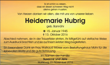 Traueranzeige von Heidemarie Hubrig von Wolfsburger Nachrichten