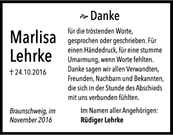 Traueranzeige von Marlisa Lehrke von Braunschweiger Zeitung