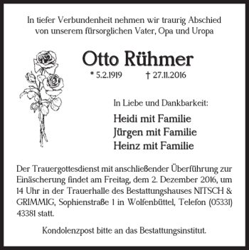 Traueranzeige von Otto Rühmer von Wolfenbütteler Zeitung