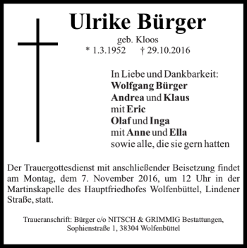 Traueranzeige von Ulrike Bürger von Wolfenbütteler Zeitung