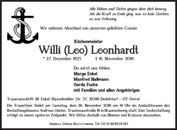 Traueranzeige von Willi Leo Leonhardt von Braunschweiger Zeitung