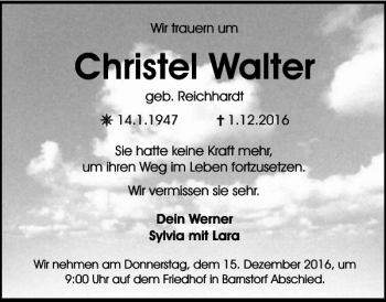 Traueranzeige von Christel Walter von Wolfsburger Nachrichten