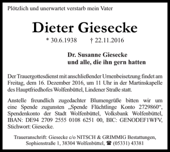 Traueranzeige von Dieter Giesecke von Wolfenbütteler Zeitung
