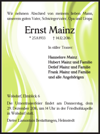 Traueranzeige von Ernst Mainz von Helmstedter Nachrichten