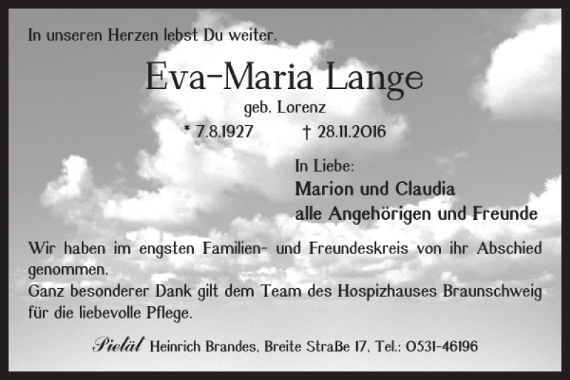  Traueranzeige für Eva-Maria Lange vom 05.12.2016 aus Braunschweiger Zeitung