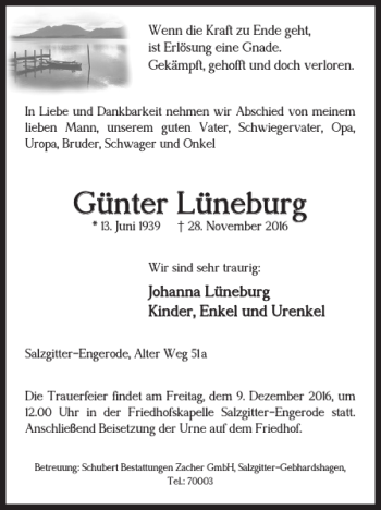 Traueranzeige von Günter Lüneburg von Salzgitter Zeitung