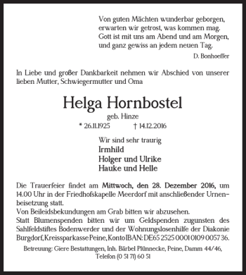 Traueranzeige von Helga Hornbostel von Braunschweiger Zeitung
