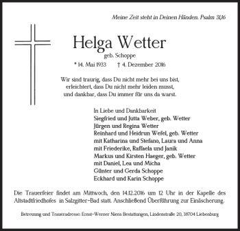 Traueranzeige von Helga Wetter von Salzgitter Zeitung