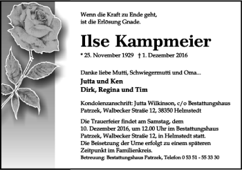 Traueranzeige von Ilse Kampmeier von Helmstedter Nachrichten