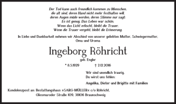 Traueranzeige von Ingeborg Rõhricht von Braunschweiger Zeitung