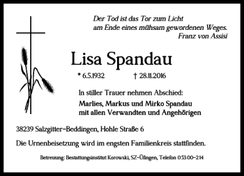 Traueranzeige von Lisa Spandau von Salzgitter Zeitung