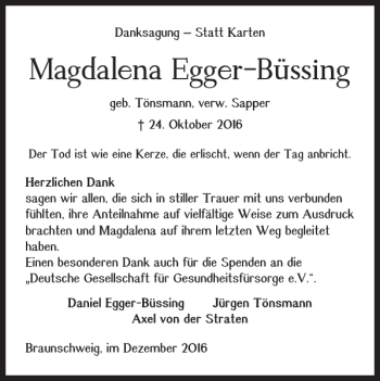 Traueranzeige von Magdalena Egger-Büssing von Braunschweiger Zeitung