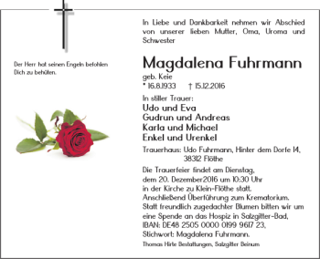 Traueranzeige von Magdalena Fuhrmann von Salzgitter Zeitung