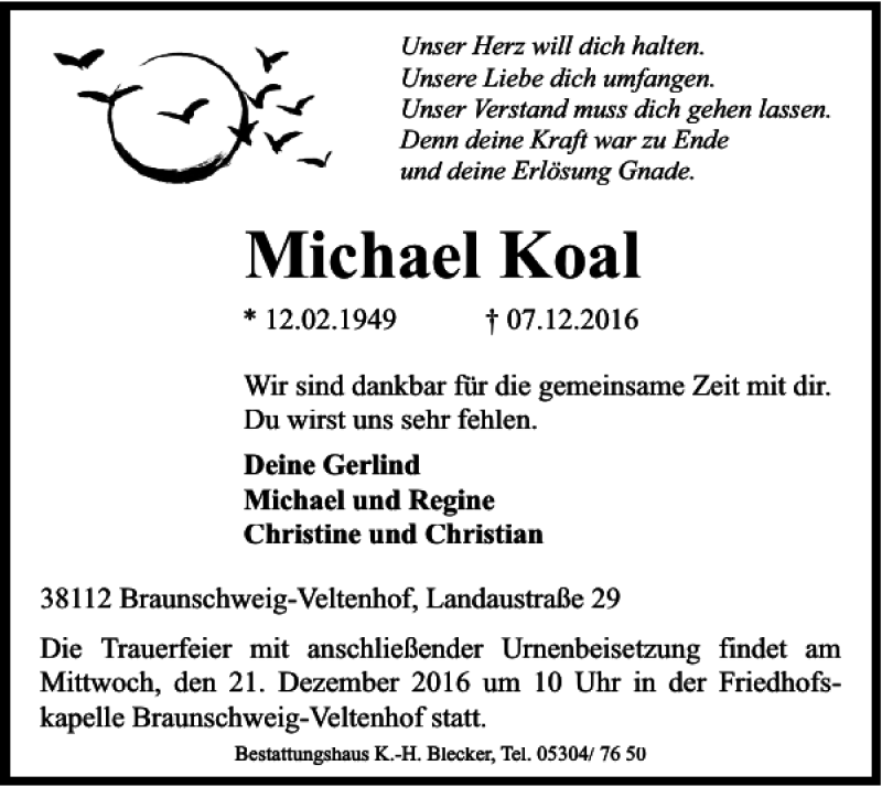  Traueranzeige für Michael Koal vom 13.12.2016 aus Braunschweiger Zeitung