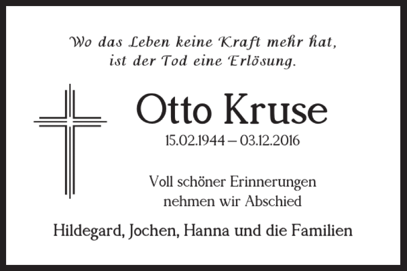  Traueranzeige für Otto Kruse vom 12.12.2016 aus Braunschweiger Zeitung