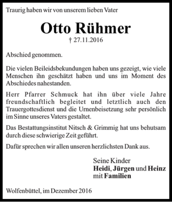 Traueranzeige von Otto Rühmer von Wolfenbütteler Zeitung