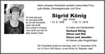 Traueranzeige von Sigrid König von Wolfenbütteler Zeitung