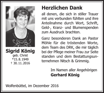 Traueranzeige von Sigrid König von Wolfenbütteler Zeitung