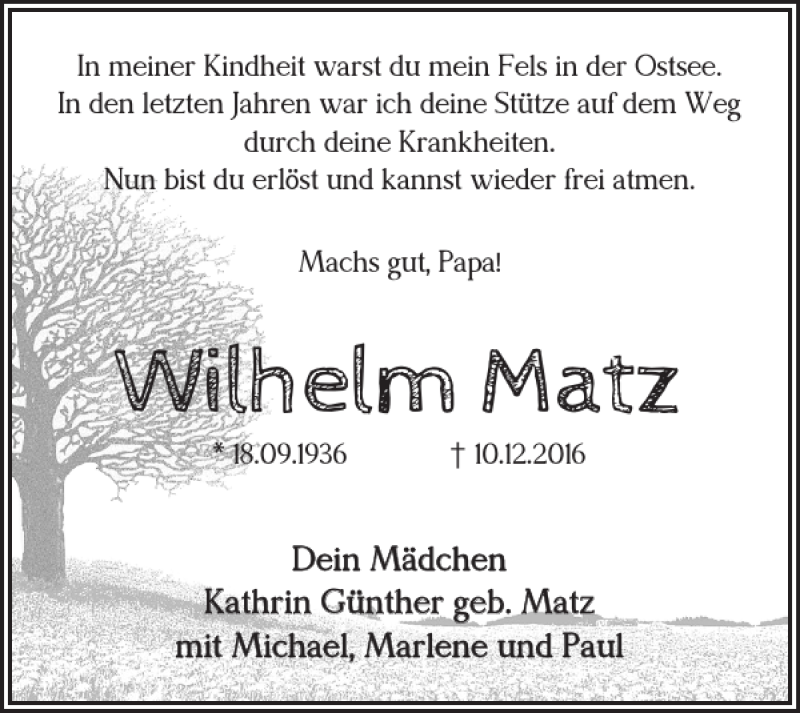 Traueranzeigen von Wilhelm Matz trauer38.de